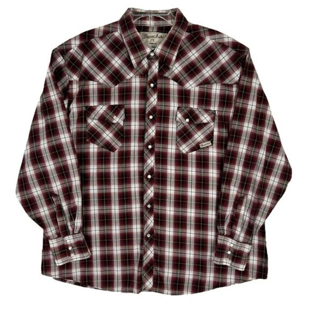 Vintage Wrancher‎ Wrangler Long Sleeve Pearl Snap Shirt Size 2X Maroon Plaid EUC